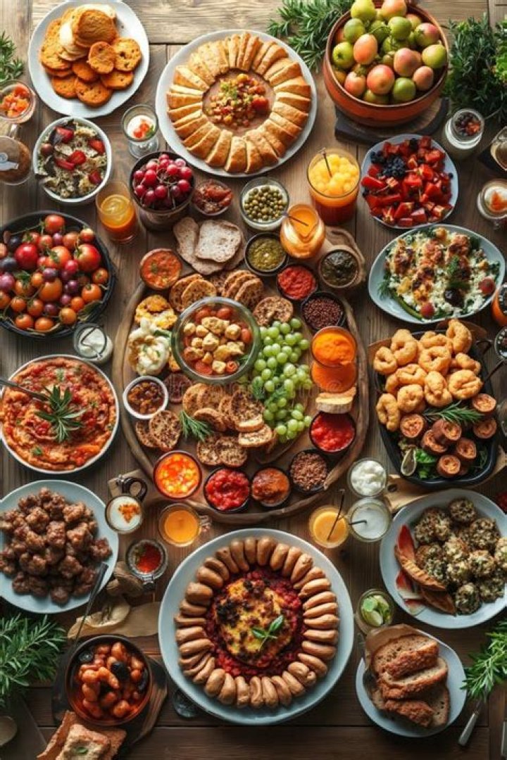 a table is filled with food
