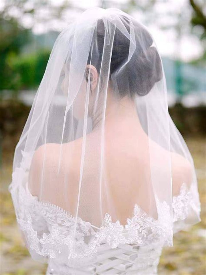 Bridal clothing, Bridal veil, Shoulder, Dress, Veil, Joint, White, Wedding dress, Gown, Formal wear, 