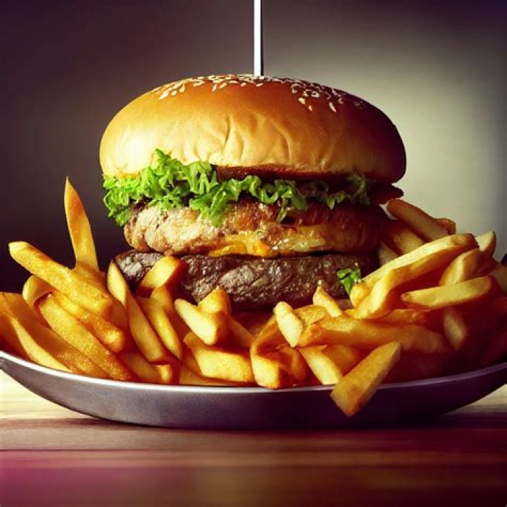  Burger and chips at a pub in London, England