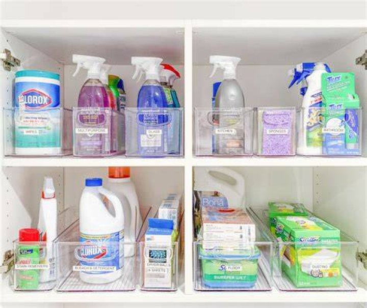 Cleaning supplies stored in shelf