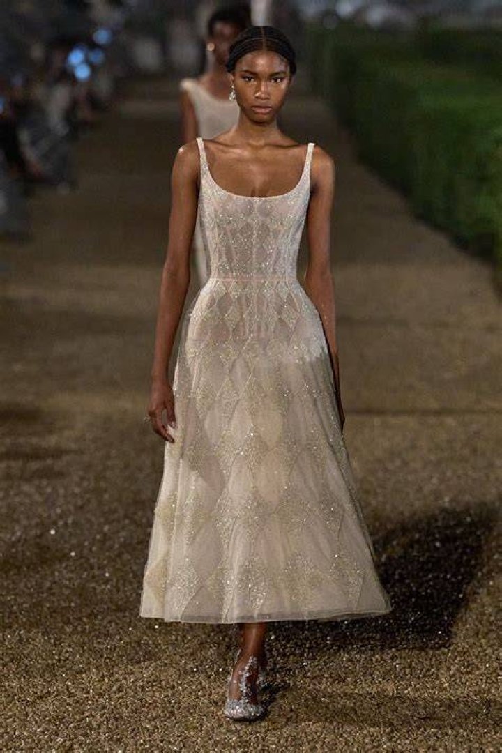 Clothing, Shoulder, Fashion show, Dress, Joint, Fashion model, Style, Gown, Formal wear, Waist, 