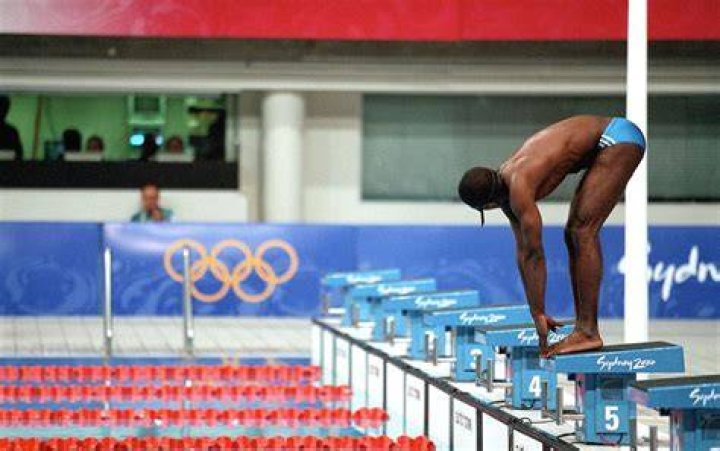 Eric Moussambani alone on the starting blocks at the 2000 Olympic Games. Photo / Getty Images