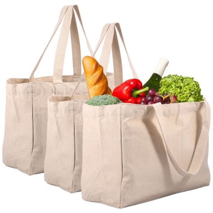 Groceries in canvas bag on kitchen counter in home