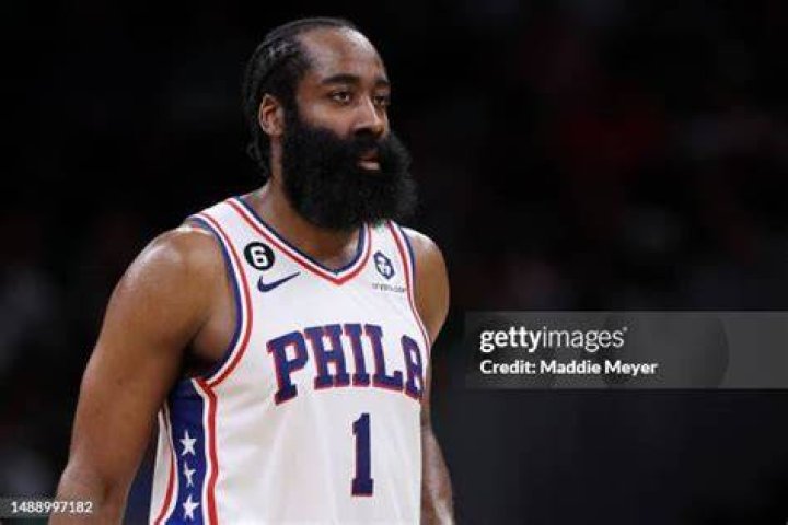 James Harden of the Philadelphia 76ers before game six of the Eastern Conference Semifinals in the 2023 NBA Playoffs against the Boston Celtics at Wells Fargo Center on 11 May 2023.