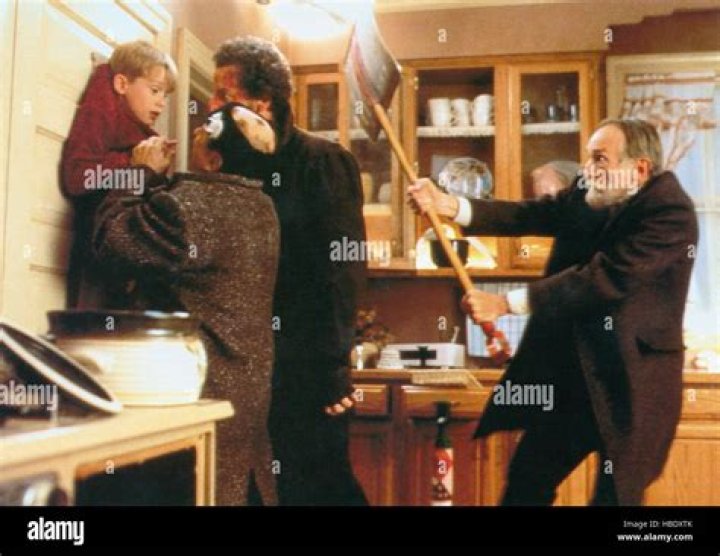 Macaulay Culkin, Joe Pesci, Daniel Stern and Roberts Blossom in Home Alone.