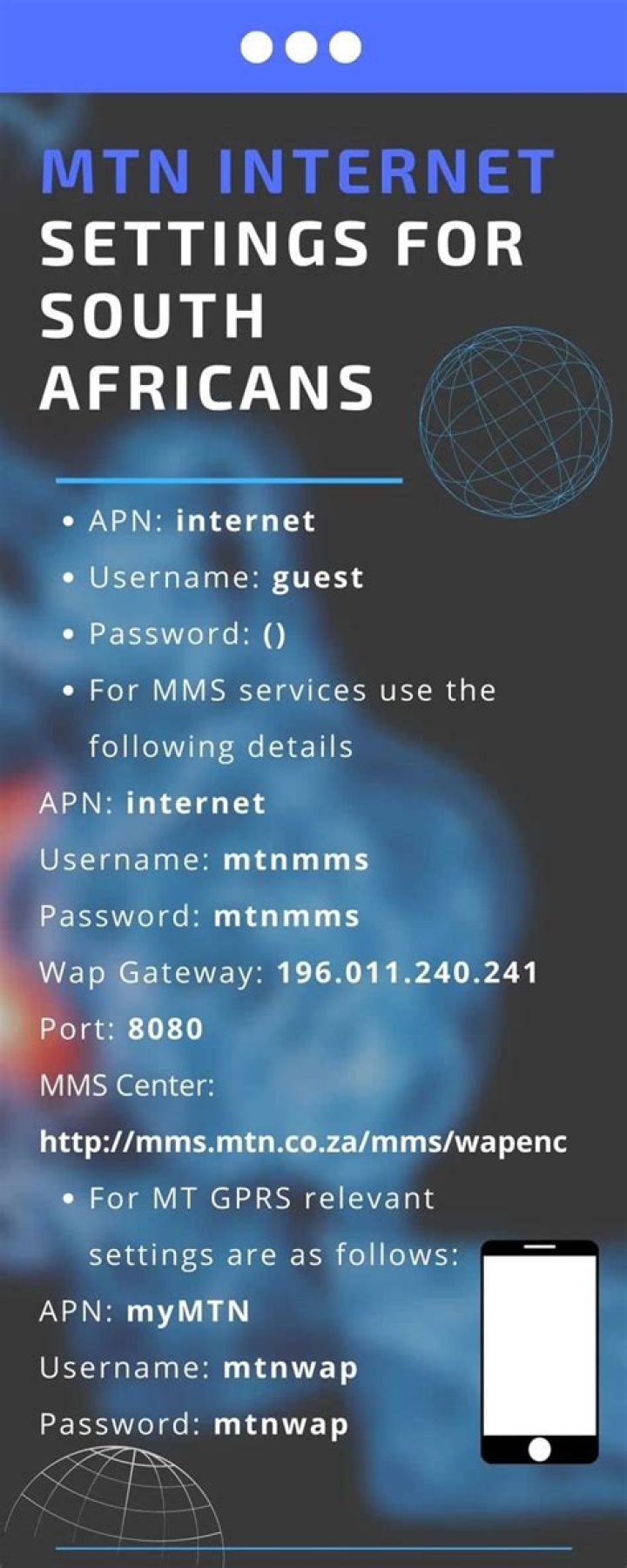 MTN APN settings South Africa: Internet settings and APN settings for South Africa MTN APN settings South Africa: Internet settings and APN settings for South Africa