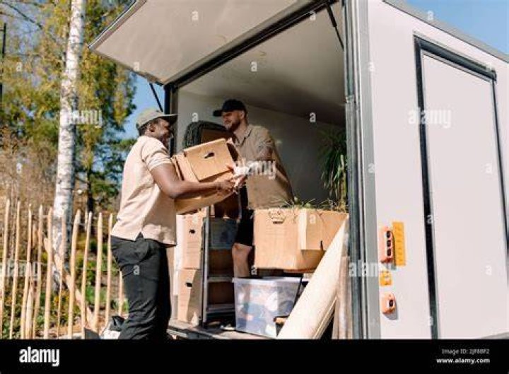 Multiracial movers unloading cardboard boxes from truck during sunny day