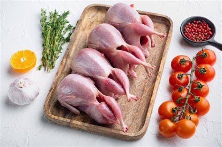 Quails plucked raw fresh ready for cooking on white plate on wooden background close up top view quails plucked raw fresh ready for cooking on white plate on rustic wooden background close up top view selective soft focus shallow depth of field text copy space