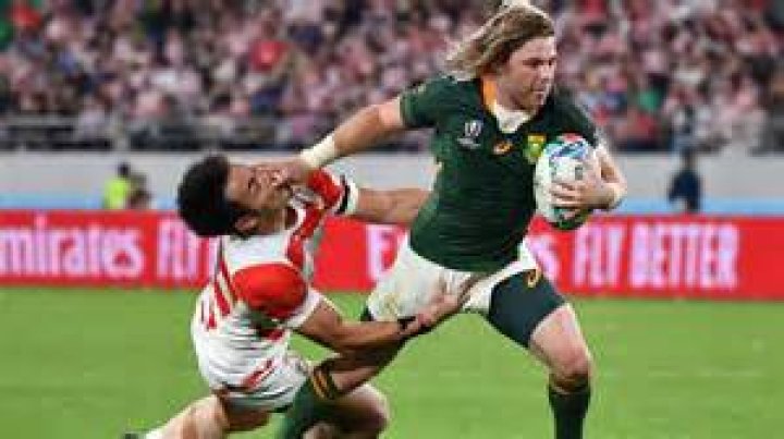 South Africa scrum-half Faf de Klerk is taken off on a stretcher after being injured during the Rugby Championship match against New Zealand in Mbombela on August 6, 2022.