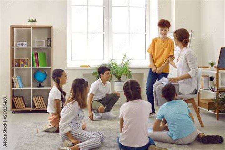 Students in a circle around a map.