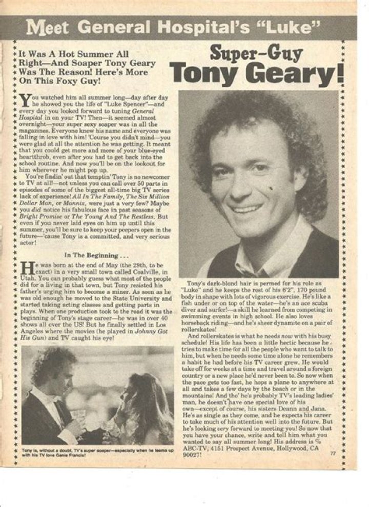 Tony Geary, General Hospital, Full Page Vintage Clipping, Anthony Geary
